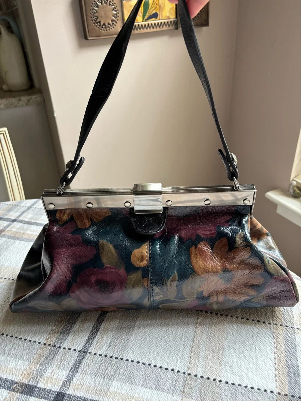 Patricia Nash Ferrara satchel purse. Dark multicolored floral leather print